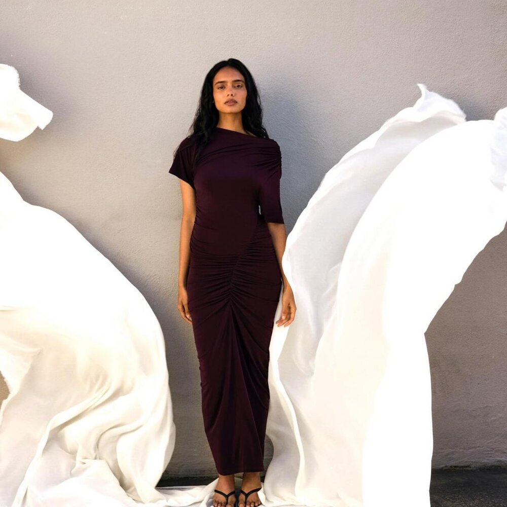 NWOT KHY x Atlein Asymmetrical Ruched Dress | Black Cherry - Size Large